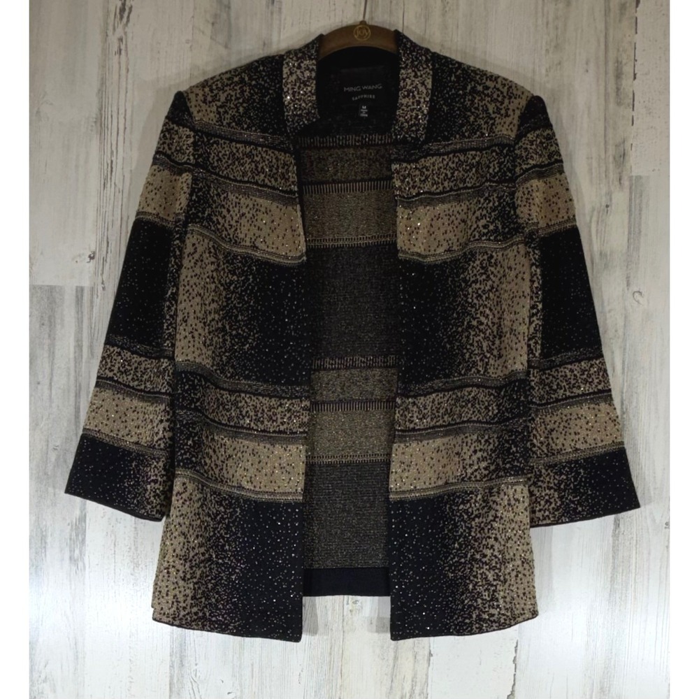Ming Wang Sapphire Knit Blazer Jacket Medium Black‎ Gold Metallic Open Front